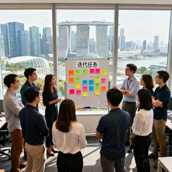 新加坡淡滨尼研发中心的十五人团队围站在白板前进行每日站会，白板上贴着彩色便签纸标注迭代任务，窗外可见滨海湾天际线。
